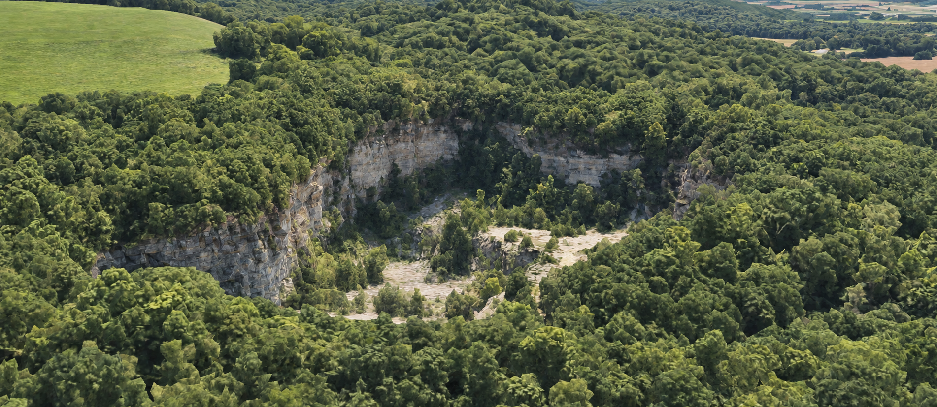 AI aerial rendering based on the quarry site reference, showing wooded limestone walls and the partly overgrown quarry floor.